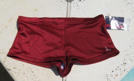 SOLD - NOS Vintage 80s Surf King Square Cut Burgundy Swim Trunks 34